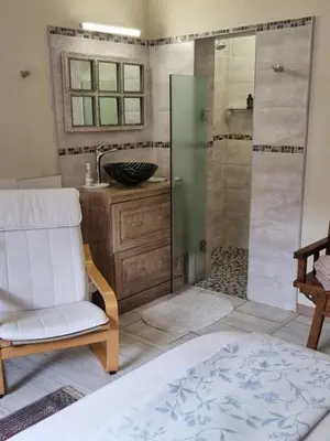 a bathroom with a white chair and a shower at Barlinka lane Selfcatering flatlet , Somerset West in Cape Town