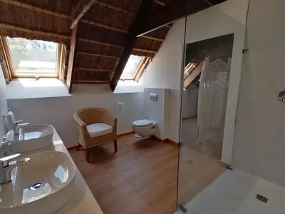 a bathroom with a shower and a sink and a toilet at Avontuur Manor House and Wine Estate in Somerset West