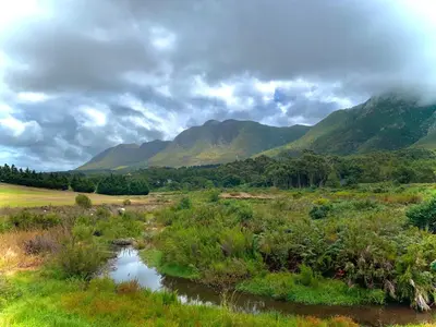 a river in a field with mountains in the background at The Guardian Hermanus Luxury Self-Catering Hemel en Aarde Valley in Hermanus