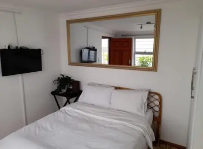 a bedroom with a bed with a mirror and a television at Bachelor cottage STRICTLY HALAAL Garlandale Rondebosch East in Cape Town