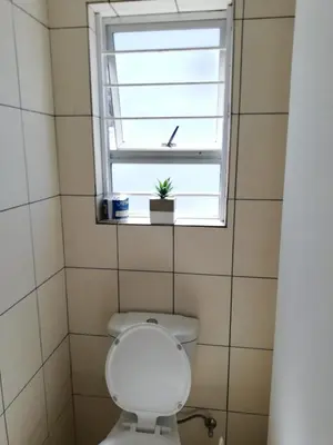 a bathroom with a toilet with a window and a plant at Bachelor cottage STRICTLY HALAAL Garlandale Rondebosch East in Cape Town