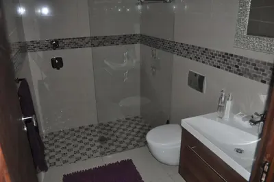 a bathroom with a shower and a toilet and a sink at A Perfect Self Catering in Wellington