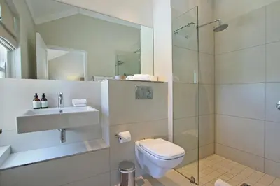 a bathroom with a shower and a toilet and a sink at Le Bas De Laine in Franschhoek