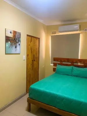 a bedroom with a green bed and a door at ALIAHIDI in Cape Town