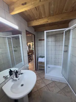 a bathroom with a sink and a shower at Theebos in Strand
