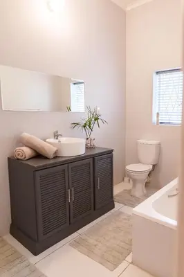 a bathroom with a sink and a toilet and a tub at Hoogwater Garden Cottage in Wolseley