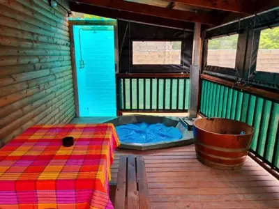 a room with a bed and a tub on a deck at Hoogeland's Wood Cabins in Eersterivier