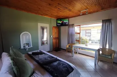 a bedroom with a large bed and a window at Cozy, peaceful garden cottage in Cape Town