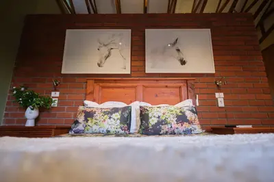 a brick wall with two pictures of horses on a bed at The Cottage Farm in Stellenbosch