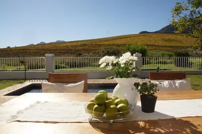 a bowl of fruit on a table with a vase at House on Charme in Stellenbosch