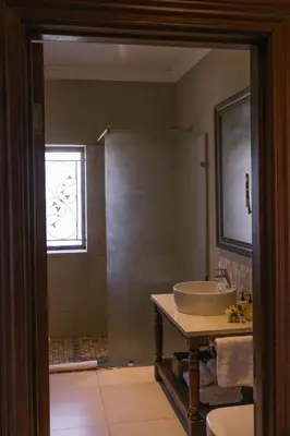 a bathroom with a shower with a sink and a sink at Under Oaks Guesthouse in Paarl