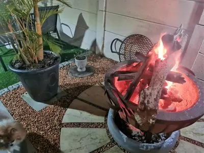 a fire pit in a yard with a dog next to it at Walters Lane Comfort Apartment 2 - No Loadshedding in Cape Town