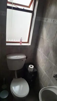 a bathroom with a toilet and a sink and a window at Senelle accomodation in Hermanus