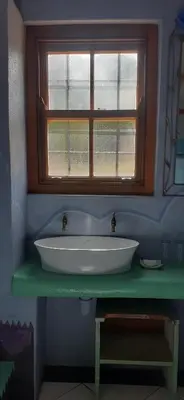 a bathroom with a white sink under a window at Gecko Cottage at Artemis in Franschhoek