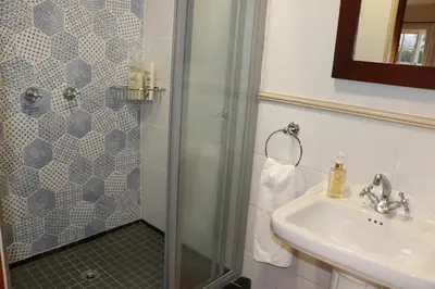 a bathroom with a shower and a sink at 3 on Roux in Franschhoek