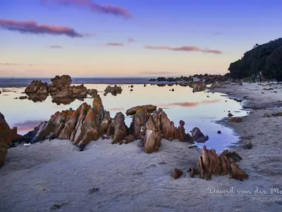 a group of rocks in the sand on a beach at 82 Steps to the Beach in Pringle Bay