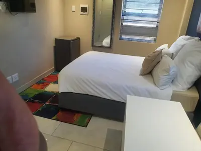 a bedroom with a bed with a mirror and a rug at ELMED GUEST HOUSE in Cape Town