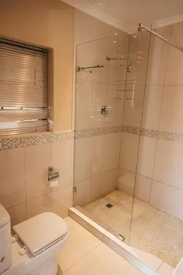 a bathroom with a shower and a toilet at Mitre's Edge Vineyard Studio in Klapmuts