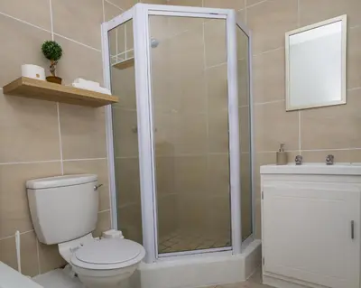 a bathroom with a shower with a toilet and a sink at Villa Nordica - 2 bedroom self-catering apartment in Cape Town