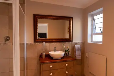 a bathroom with a sink and a mirror at Tortelduif Cottage in Stellenbosch
