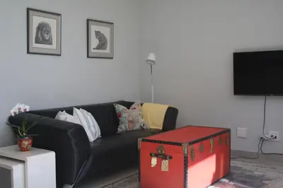 a living room with a black couch and a red trunk at Tortelduif Cottage in Stellenbosch
