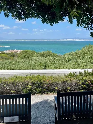 two benches sitting on a path looking at the ocean at 11 WESTCLIFF RENTALS in Hermanus