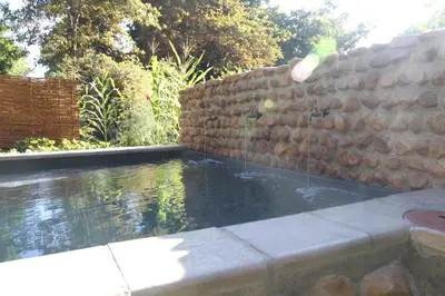 a swimming pool next to a brick wall at Aan De Vliet Guest House in Stellenbosch