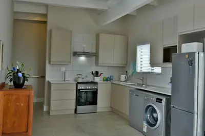 a kitchen with a refrigerator and a dishwasher at The Whale and Waddler - Unit with a view in Kleinmond