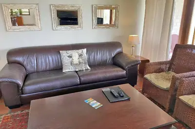 a living room with a brown leather couch and a table at Lagoon View in Hermanus in Hermanus