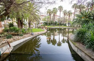 a pond in a park with palm trees and buildings at Century City Luxury 2 bedroom apartment in Cape Town in Cape Town
