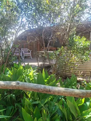 a view of a garden with a hut in the background at 11 Mountain Stream Hot Tub Self Catering in Gordonʼs Bay