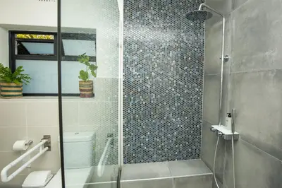 a bathroom with a glass shower with a toilet at Casa iLanga guesthouse in Somerset West