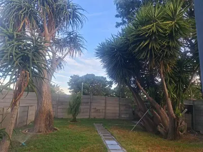 two palm trees in a yard next to a fence at Hasate Guest House ,4 st james street Oakdale Belliville Cape Town South Africa in Cape Town