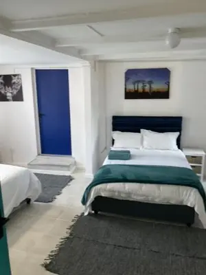 a bedroom with a bed and two windows at Cub's Home in Cape Town