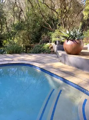 a large swimming pool with a planter in a yard at Pecan Tree Forest Studio B in Stellenbosch