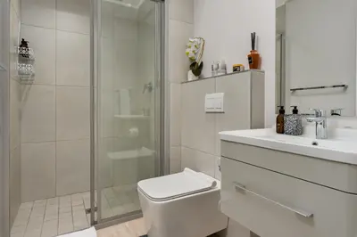 a bathroom with a shower and a toilet and a sink at Burmeister on Park Apartments in Cape Town