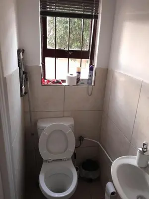 a small bathroom with a toilet and a sink at Oxford Getaway-House in Cape Town