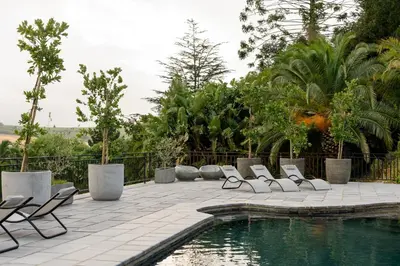 a patio with lounge chairs and a swimming pool at Avemore Vineyard View - wood fired hot tub and full power back up in Onder-Papegaaiberg