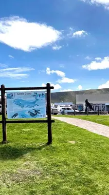 a sign in the grass next to a road at Hermanus Waterfront Apartment No.19 in Hermanus