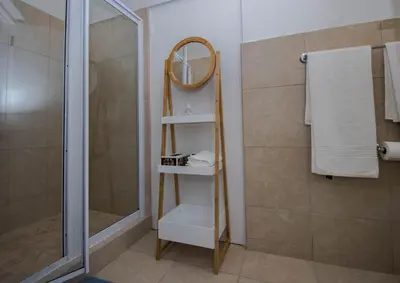 a bathroom with a mirror and a shower at Garden- Pool flat with Solar Electricity in Somerset West