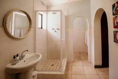 a bathroom with a shower and a sink and a mirror at Villa Visser in Cape Town
