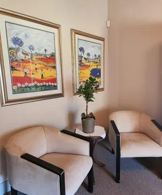a waiting room with two chairs and a potted plant at Traduire in Cape Town