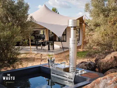 a modern house with a swimming pool and a white tent at Wagyu Mountain Lodge in Paarl