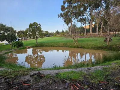 a puddle of water on a golf course at Ou Meul Farm Cottage in Botrivier
