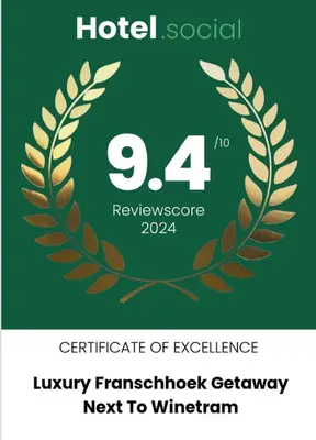 a certificate of excellence with a laurel wreath at Luxury Winetram getaway in Franschhoek