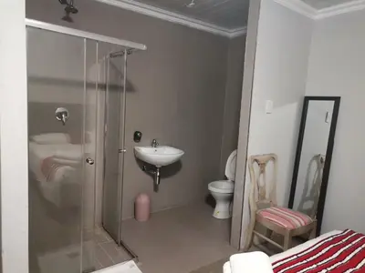 a bathroom with a shower and a sink and a toilet at Maseyi On 8 bnb in Cape Town