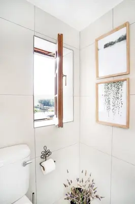 a bathroom with a toilet and two windows at Avemore Hidden Haven - wood fired hot tub and full Backup power in Stellenbosch