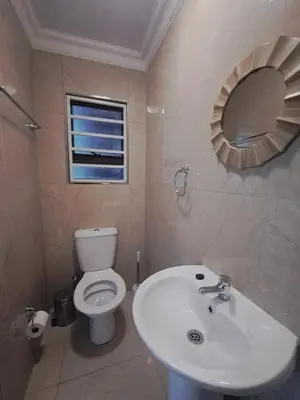 a bathroom with a toilet and a sink and a mirror at Olivia's guest house in Cape Town