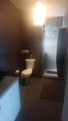 a bathroom with a toilet and a shower with a light at Whalers Retreat in Bettyʼs Bay