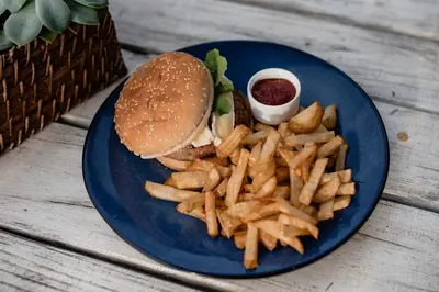 a blue plate with a hamburger and french fries at Heins Manor House in Stellenbosch